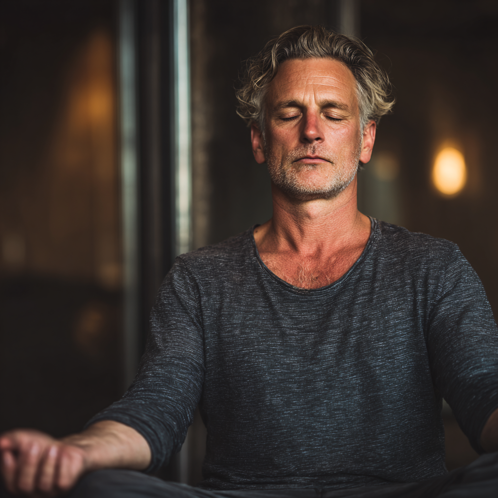 Focused middle-aged adult practicing mindfulness and mental resilience techniques