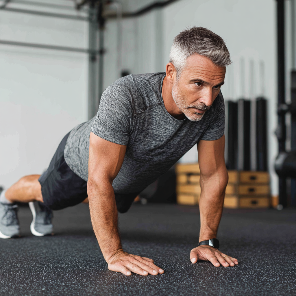 Middle-aged man demonstrating functional movement and stability exercises