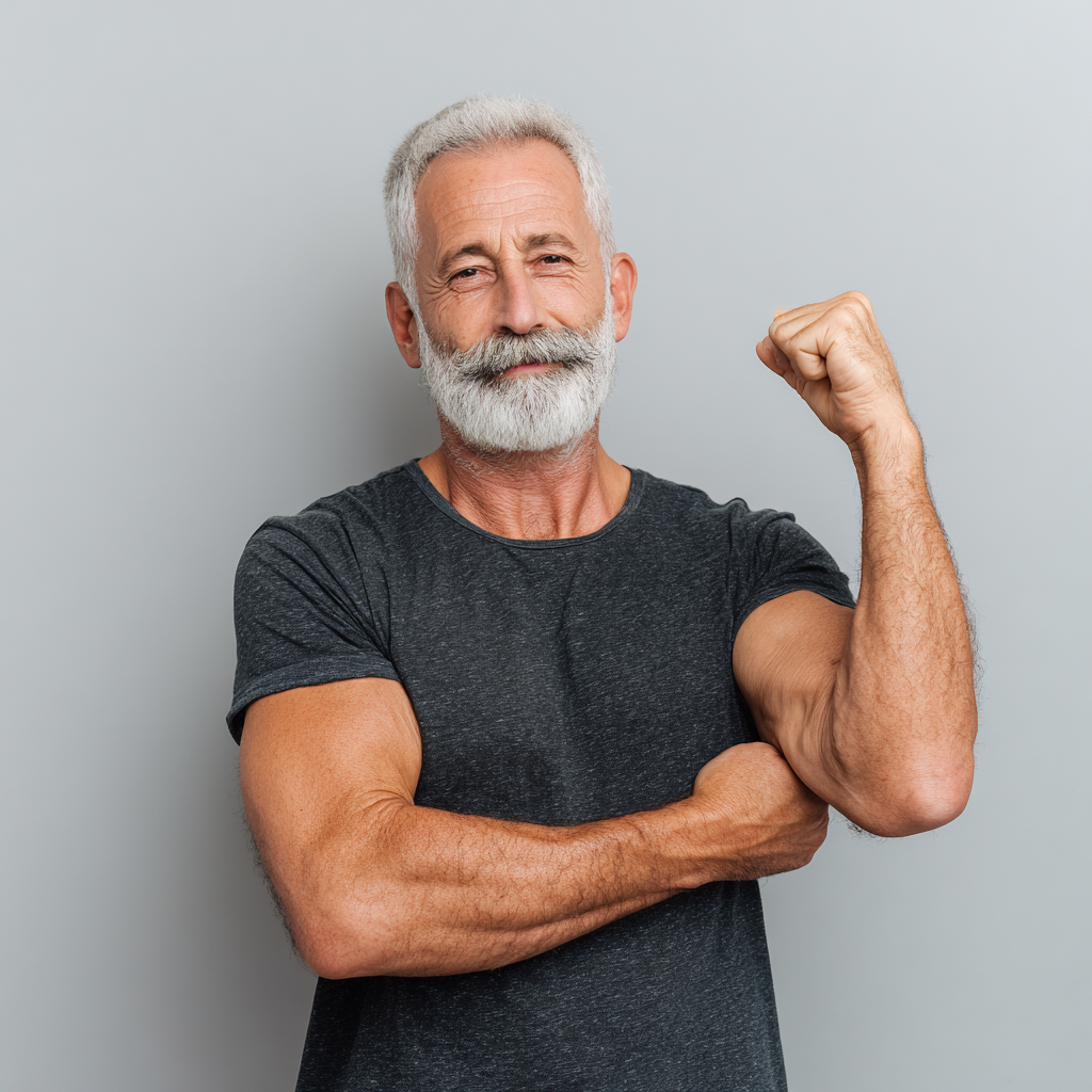 Older adult demonstrating strength and confidence through consistent training routine